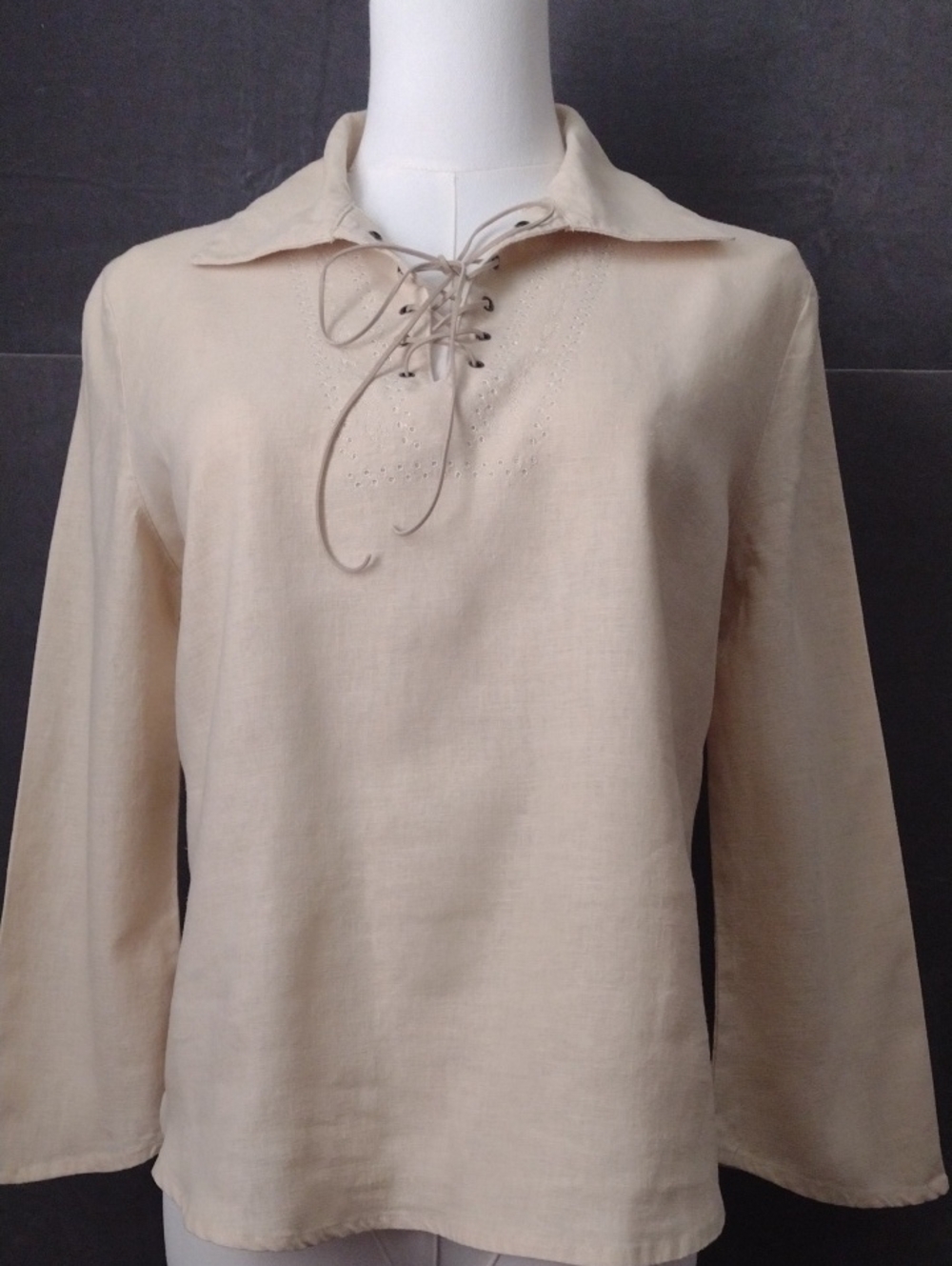 Jalleh Wms M Cream Lace-Up Collared 55% Linen/Rayon Bohemian Western Blouse
